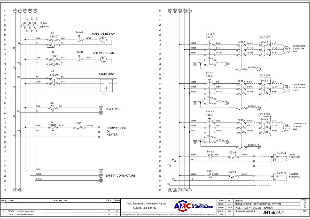 AMC electrical schematic sheet showing 415 V distribution, motor circuits and title block